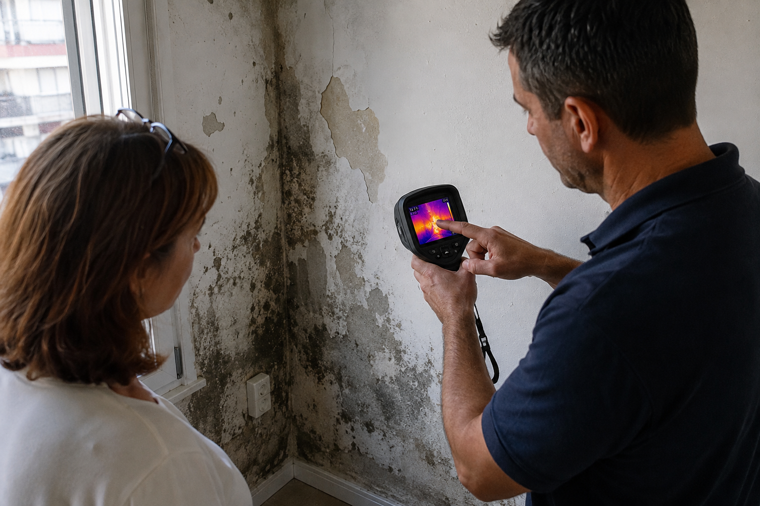 Técnico de Arrel Solucions explicando a un cliente una medición termográfica en una pared con humedad
