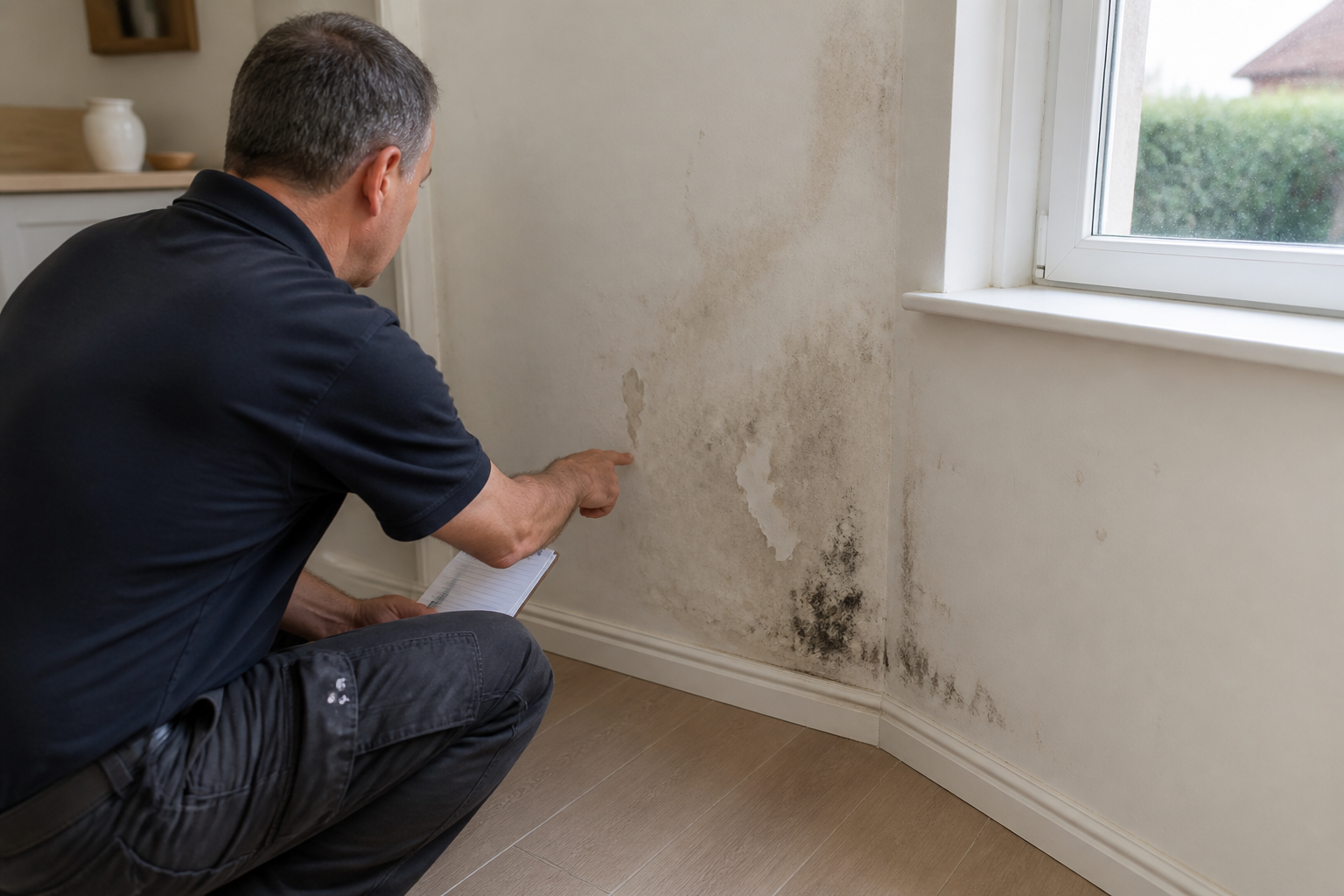 Técnico inspeccionando una pared con signos de humedad